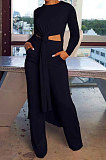 Pink Cottton Blend Round Neck Loose Slit Long T-Shirts Wide Leg Pants Solid Color Sets OH8090-1