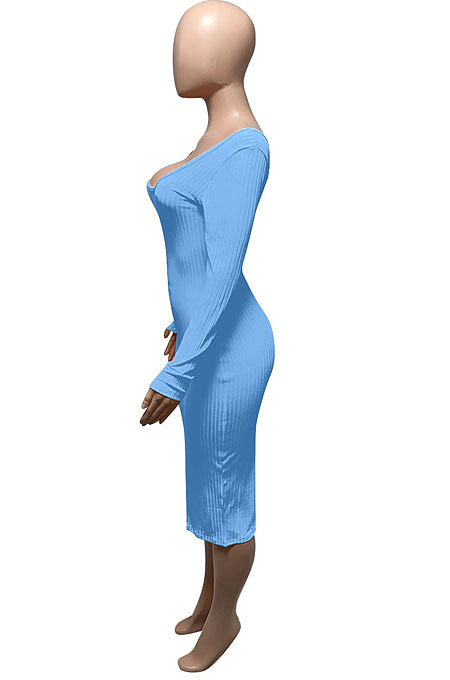 Beige Euramerican Women Autumn Winter V Collar Off Shoulder Solid Color Ribber Bodycon Sexy Long Dress Q951-2