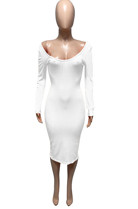 Coffee Euramerican Women Autumn Winter V Collar Off Shoulder Solid Color Ribber Bodycon Sexy Long Dress Q951-9