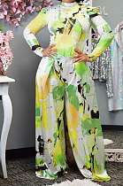 Yellow Women Autumn Winter Long Sleeve T Shirts Wide Leg Pants Printing Pants Sets RMH8944-2