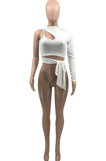 Blue Personality Pure Color Single Sleeve Side Bandage Bodycon T-Shirts KY3098-3