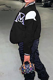 Black Casual Webbing Spliced Letter Print Long Sleeve Cardigan Baseball Jacket HG138-4