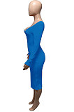 Pink Euramerican Women Autumn Winter V Collar Off Shoulder Solid Color Ribber Bodycon Sexy Long Dress Q951-3