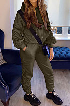 Army Green Casual Sport Long Sleeve Pocket Hoodie Sweat Pants Ruffle Solid Color Sets HG139-4