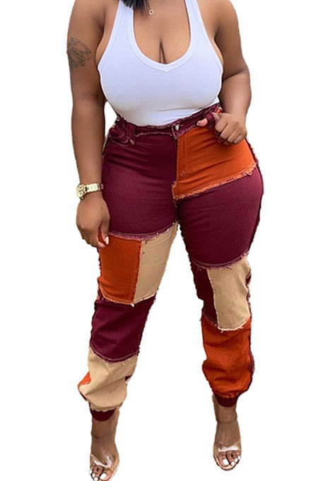 SUPER WHOLESALE|Wine Red Women Fashion Casual Spliced Color Block Mid Waist Denim Pants WDS210905-2