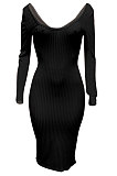 Red Euramerican Women Autumn Winter V Collar Off Shoulder Solid Color Ribber Bodycon Sexy Long Dress Q951-5