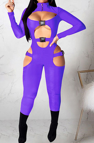Purple Women Sexy Club Wear Buckle Pure Color Zipper Bodycon Jumpsuits Q955-3