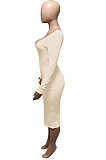Coffee Euramerican Women Autumn Winter V Collar Off Shoulder Solid Color Ribber Bodycon Sexy Long Dress Q951-9