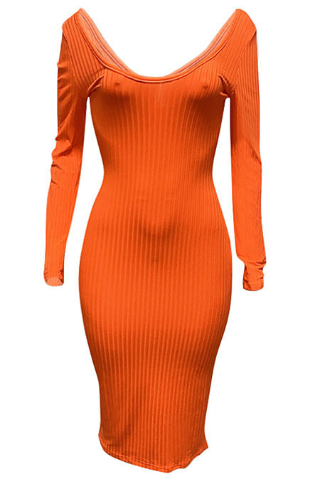 Beige Euramerican Women Autumn Winter V Collar Off Shoulder Solid Color Ribber Bodycon Sexy Long Dress Q951-2