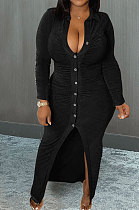 Black Wholesale Velvet Long Sleeve Lapel Neck Single-Breasted Ruffle Shirt Dress MTY6579-1