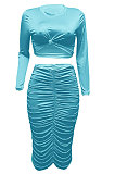 Green Euramerican Women Autumn Bodycon Tops Solid Color Ruffle Hip Sexy Skirts Sets Q960-5