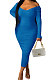 Blue Euramerican Women Autumn Winter V Collar Off Shoulder Solid Color Ribber Bodycon Sexy Long Dress Q951-8