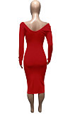 Red Euramerican Women Autumn Winter V Collar Off Shoulder Solid Color Ribber Bodycon Sexy Long Dress Q951-5