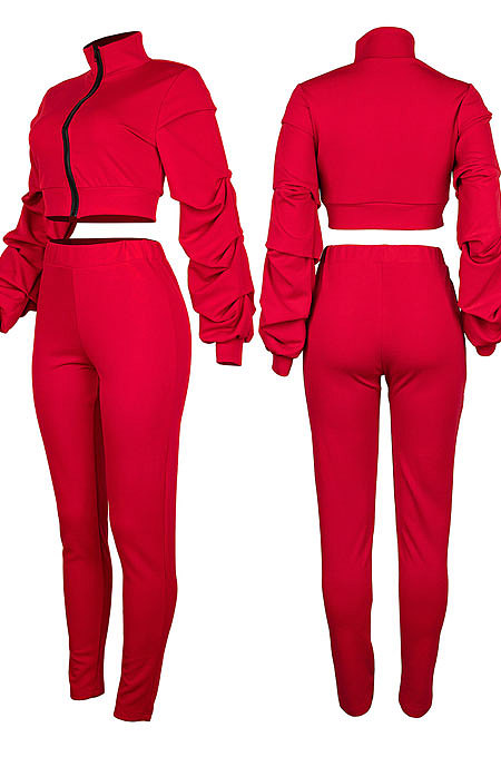 Red Autumn Winter Newest Ruffle Sleeve Zip Front Crop Tops Pencil Pants Sport Sets MD445-3
