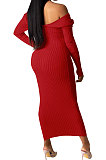 Black Euramerican Women Autumn Winter V Collar Off Shoulder Solid Color Ribber Bodycon Sexy Long Dress Q951-7