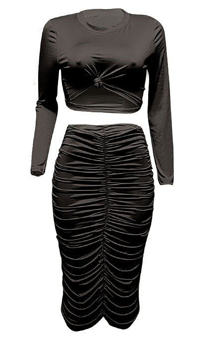Light Blue Euramerican Women Autumn Bodycon Tops Solid Color Ruffle Hip Sexy Skirts Sets Q960-4