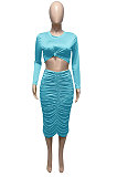 Orange Euramerican Women Autumn Bodycon Tops Solid Color Ruffle Hip Sexy Skirts Sets Q960-1