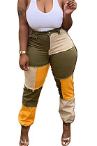 SUPER WHOLESALE|Army Green Women Fashion Casual Spliced Color Block Mid Waist Denim Pants WDS210905-1