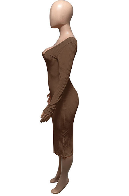 Blue Euramerican Women Autumn Winter V Collar Off Shoulder Solid Color Ribber Bodycon Sexy Long Dress Q951-8