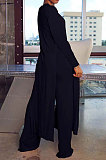 Blue Cottton Blend Round Neck Loose Slit Long T-Shirts Wide Leg Pants Solid Color Sets OH8090-3