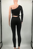 Black Sexy Simple Single Sleeve Bandage Crop Tops Pencil Pants Slim Fitting Sets KY3099-1