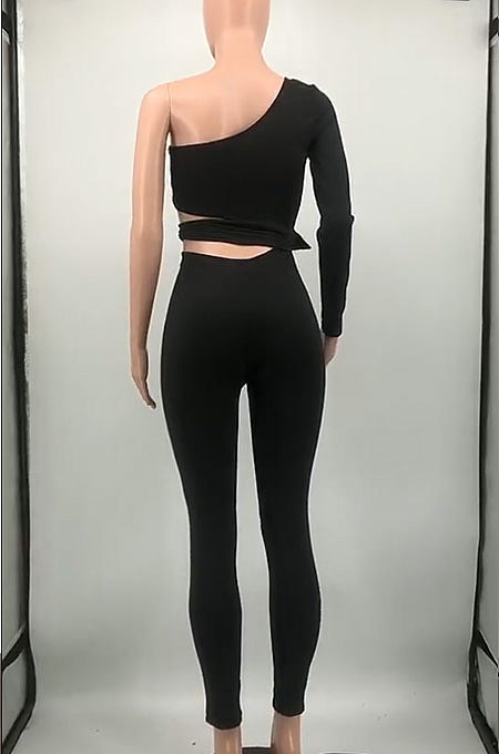 Black Sexy Simple Single Sleeve Bandage Crop Tops Pencil Pants Slim Fitting Sets KY3099-1
