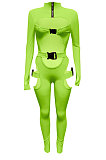 Black Women Sexy Club Wear Buckle Pure Color Zipper Bodycon Jumpsuits Q955-1