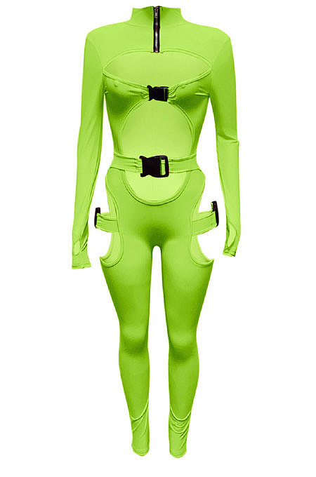 Black Women Sexy Club Wear Buckle Pure Color Zipper Bodycon Jumpsuits Q955-1