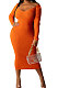Orange Euramerican Women Autumn Winter V Collar Off Shoulder Solid Color Ribber Bodycon Sexy Long Dress Q951-4
