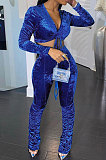 Blue Women Korea Velvet Ruffle Drawsting Sexy V Collar Pure Color Crop Pants Sets XQ1147-4