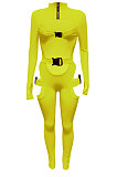 Pink Women Sexy Club Wear Buckle Pure Color Zipper Bodycon Jumpsuits Q955-2