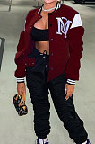 Brown Casual Webbing Spliced Letter Print Long Sleeve Cardigan Baseball Jacket HG138-1