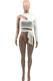 Black Personality Pure Color Single Sleeve Side Bandage Bodycon T-Shirts KY3098-1