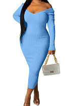 Light Blue Euramerican Women Autumn Winter V Collar Off Shoulder Solid Color Ribber Bodycon Sexy Long Dress Q951-6