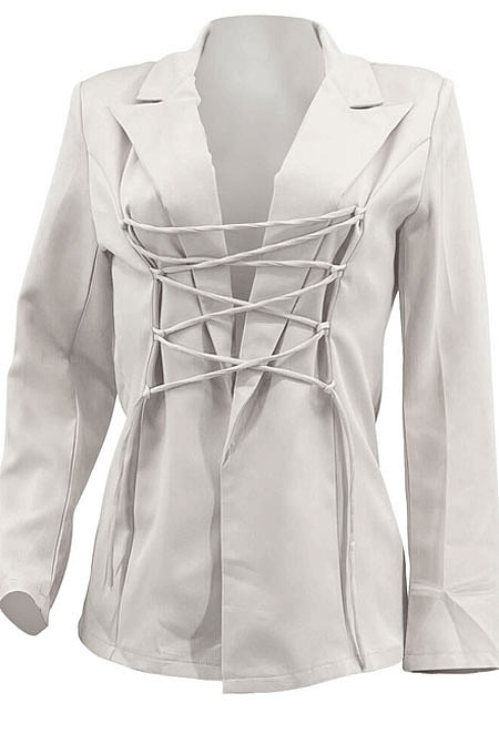 Cream Fashion Simple Long Sleeve Lapel Neck Bandage Suits Coat MTY6589-1