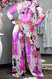 Cyan Blue Women Autumn Winter Long Sleeve T Shirts Wide Leg Pants Printing Pants Sets RMH8944-5