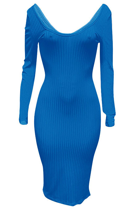 Orange Euramerican Women Autumn Winter V Collar Off Shoulder Solid Color Ribber Bodycon Sexy Long Dress Q951-4