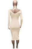 Light Blue Euramerican Women Autumn Winter V Collar Off Shoulder Solid Color Ribber Bodycon Sexy Long Dress Q951-6