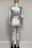 Gray Women Korea Velvet Ruffle Drawsting Sexy V Collar Pure Color Crop Pants Sets XQ1147-2