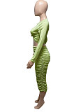 Orange Euramerican Women Autumn Bodycon Tops Solid Color Ruffle Hip Sexy Skirts Sets Q960-1