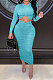 Light Blue Euramerican Women Autumn Bodycon Tops Solid Color Ruffle Hip Sexy Skirts Sets Q960-4