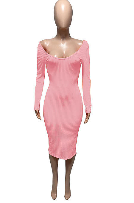 Beige Euramerican Women Autumn Winter V Collar Off Shoulder Solid Color Ribber Bodycon Sexy Long Dress Q951-2