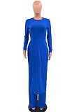 Pink Cottton Blend Round Neck Loose Slit Long T-Shirts Wide Leg Pants Solid Color Sets OH8090-1