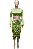 Orange Euramerican Women Autumn Bodycon Tops Solid Color Ruffle Hip Sexy Skirts Sets Q960-1