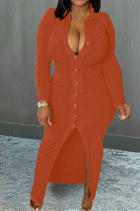 Orange Wholesale Velvet Long Sleeve Lapel Neck Single-Breasted Ruffle Shirt Dress MTY6579-2