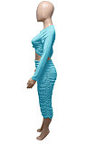 Light Blue Euramerican Women Autumn Bodycon Tops Solid Color Ruffle Hip Sexy Skirts Sets Q960-4
