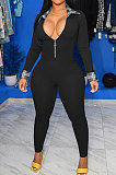 Light Blue Simple Newest Spliced Long Sleeve Zip Front  Collect Waist Bodycon Jumpsuits TK6199-7