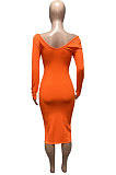 Beige Euramerican Women Autumn Winter V Collar Off Shoulder Solid Color Ribber Bodycon Sexy Long Dress Q951-2