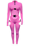 Lemon Yellow Women Sexy Club Wear Buckle Pure Color Zipper Bodycon Jumpsuits Q955-7