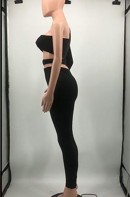 Black Sexy Simple Single Sleeve Bandage Crop Tops Pencil Pants Slim Fitting Sets KY3099-1
